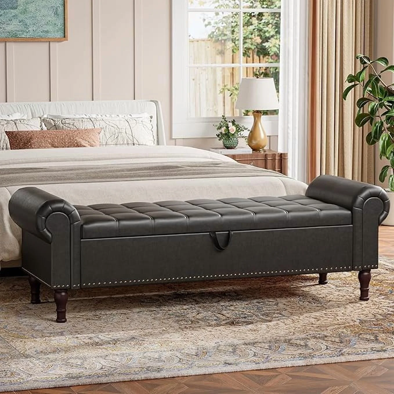 Gelloan Storage Ottoman Bench for Bedroom,Upholstered Bedroom Bench with Rolled Arms and Rivets, Storage Chest for Living Room,Grey,51 Inches