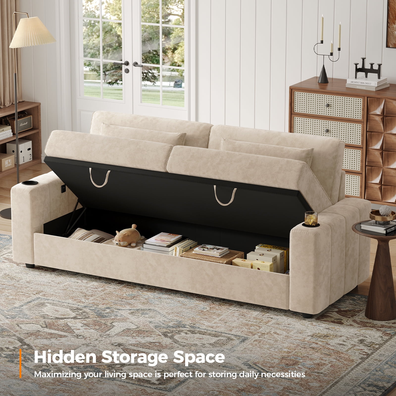 87-Large Loveseat Sofa, 3 Seater Couch with Storage, Velvet Fabric Deep Seat Sofa with Pillow& Cup Holders, Modern Comfy Sofa with USB& Type-C Ports, Home Sofa Couch for Living Room Bedroom