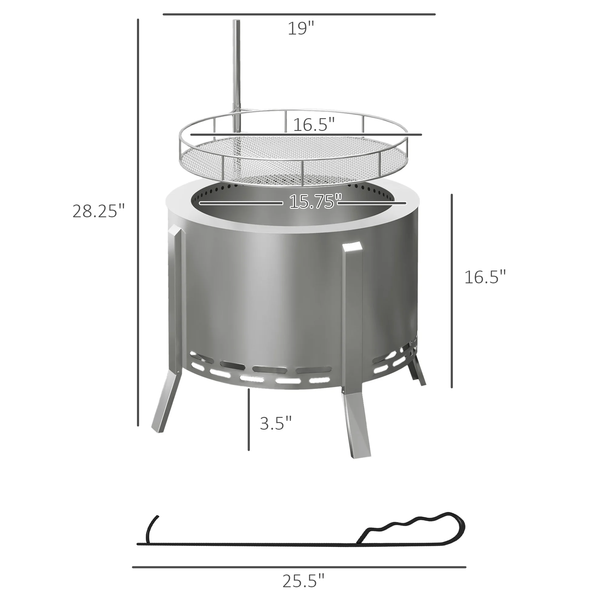 BBQ Utensils Outsunny 2-in-1 Smokeless Fire Pit, BBQ Grill, 19" Portable Wood Burning Firepit with Cooking Grate and Poker, Low Smoke Camping Bonfire Stove for Backyard Patio Picnic, Stainless Steel,