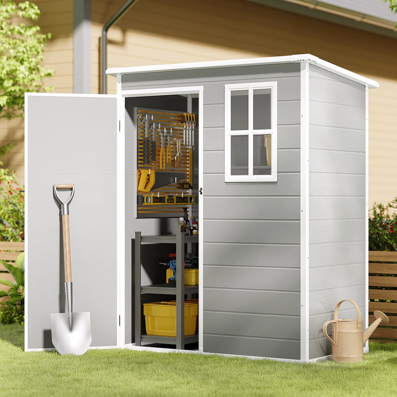 Asofer 6x4 FT Resin Storage Shed, Plastic Outdoor Shed with Floor-Side Window, Lockable Door for Backyard, Garden, Patio, Gray