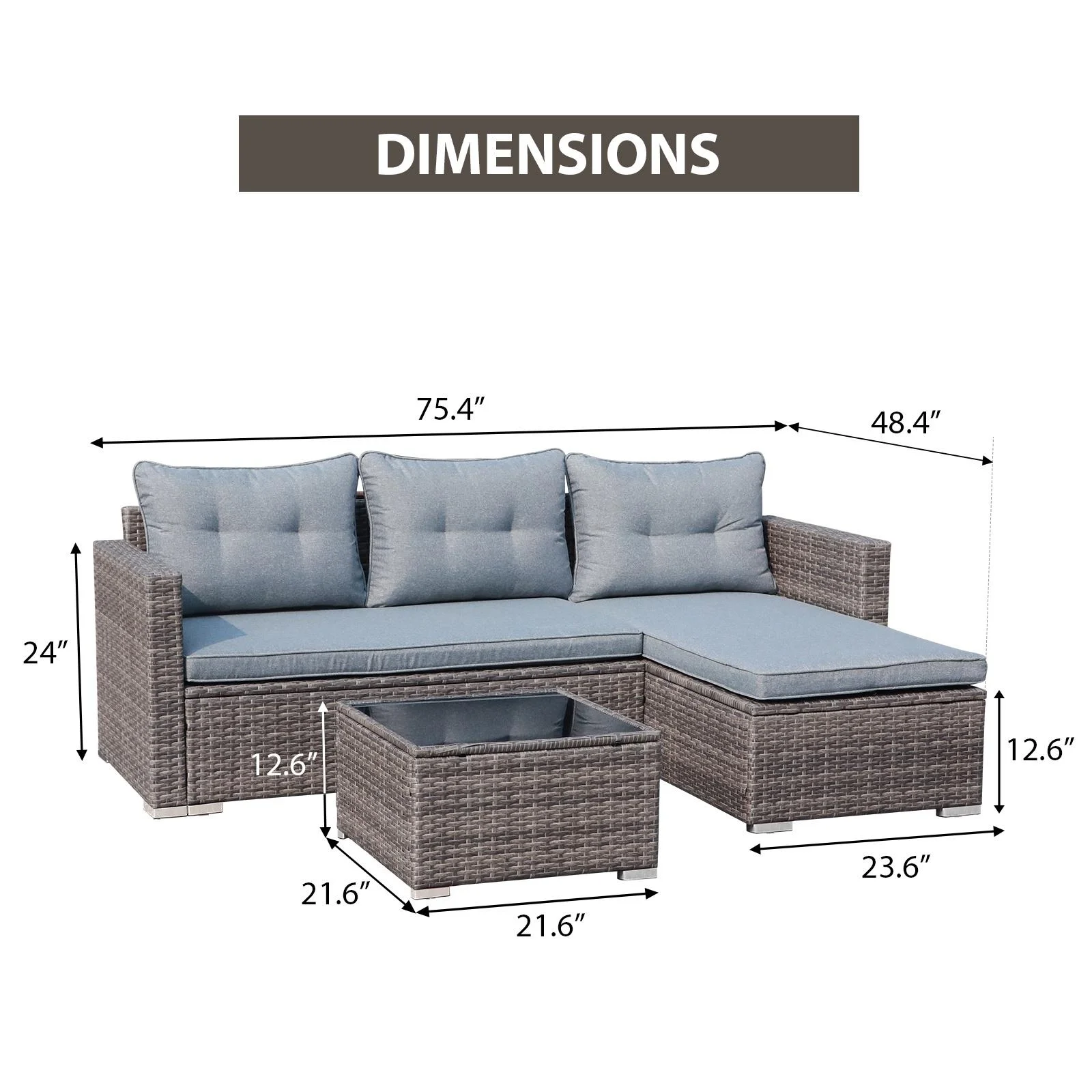 JOIVI 3 Pieces Patio Conversation Set, PE Wicker Rattan Outdoor Furniture Set, 2 Ways Small Sectional Sofa, Tempered Glass Coffee Table, Silver-Gray