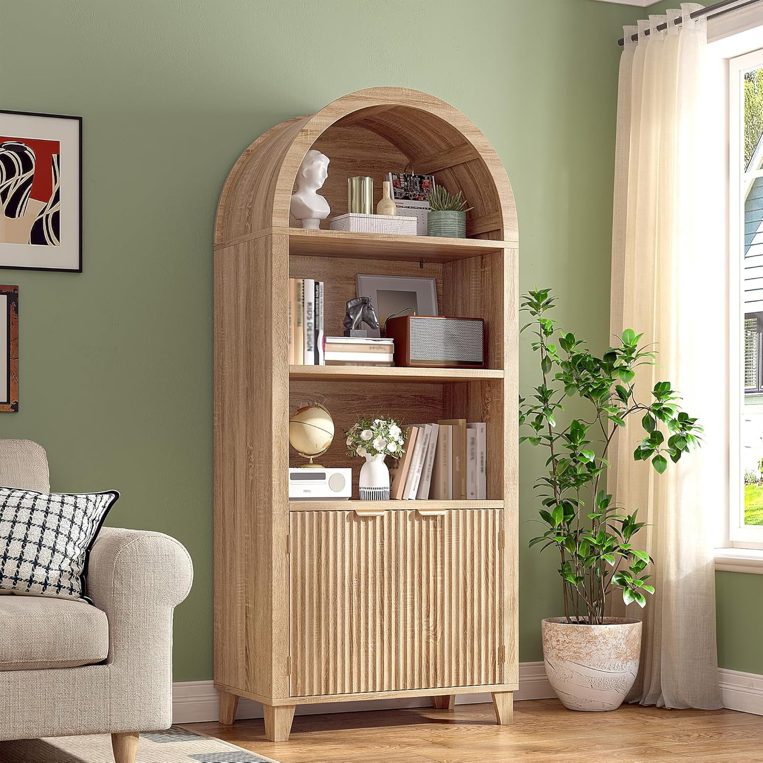Bookshelf Arched Cabinet,5-Tier Arched Bookcase with Doors and Adjustable Shelves,Wooden Storage Cabinet with Open Display Shelf for Office,Living Room-Light Oak