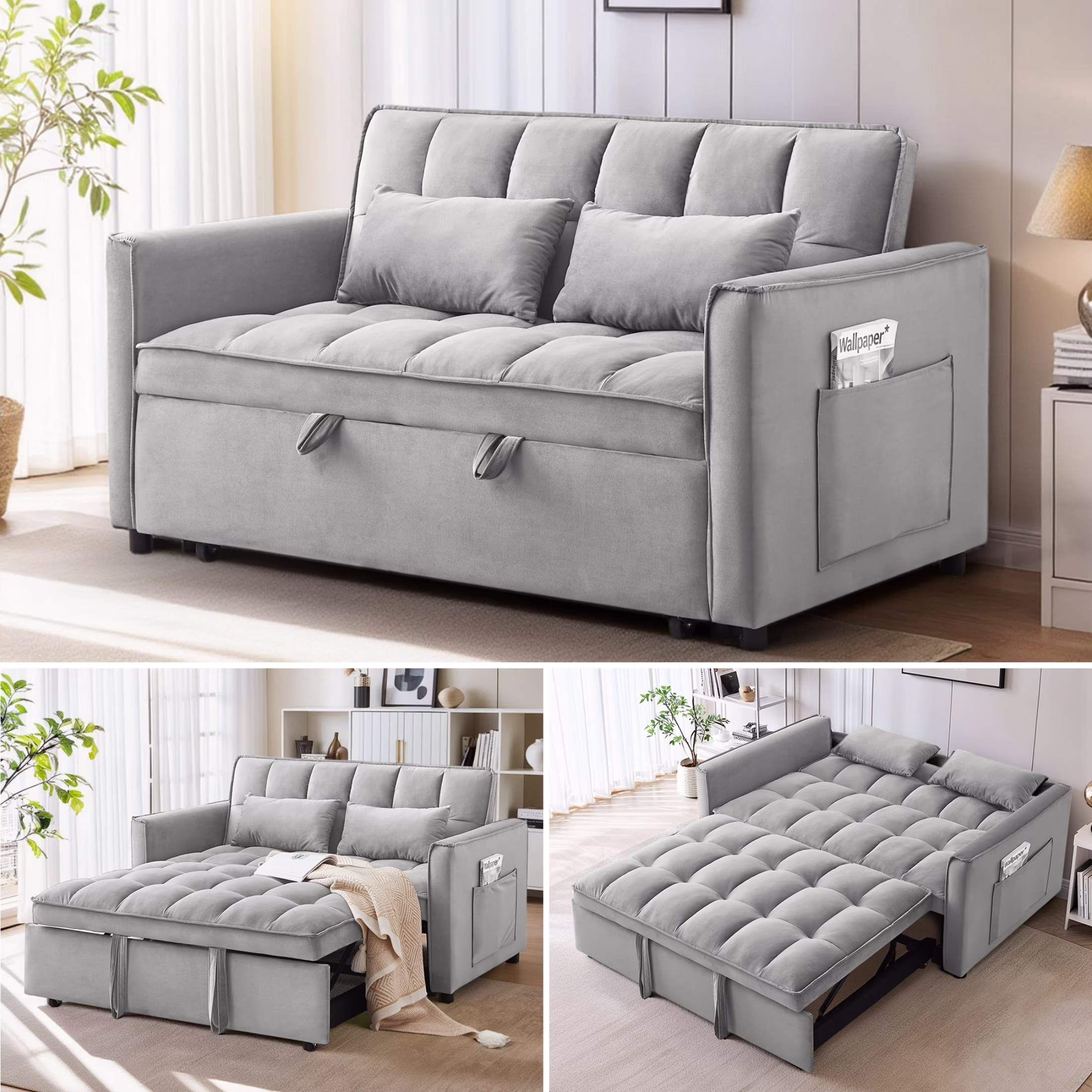 EPOWP Convertible Sofa Bed, 3 in 1 Pull Out Sleeper Loveseat Couch with Storage, Black
