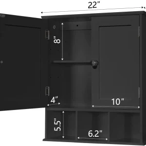 Black Bathroom Cabinet, Wall Mounted 2 Door Storage With Adjustable Shelves, Over The Toilet Medicine Cabinet for Laundry Room Kitchen