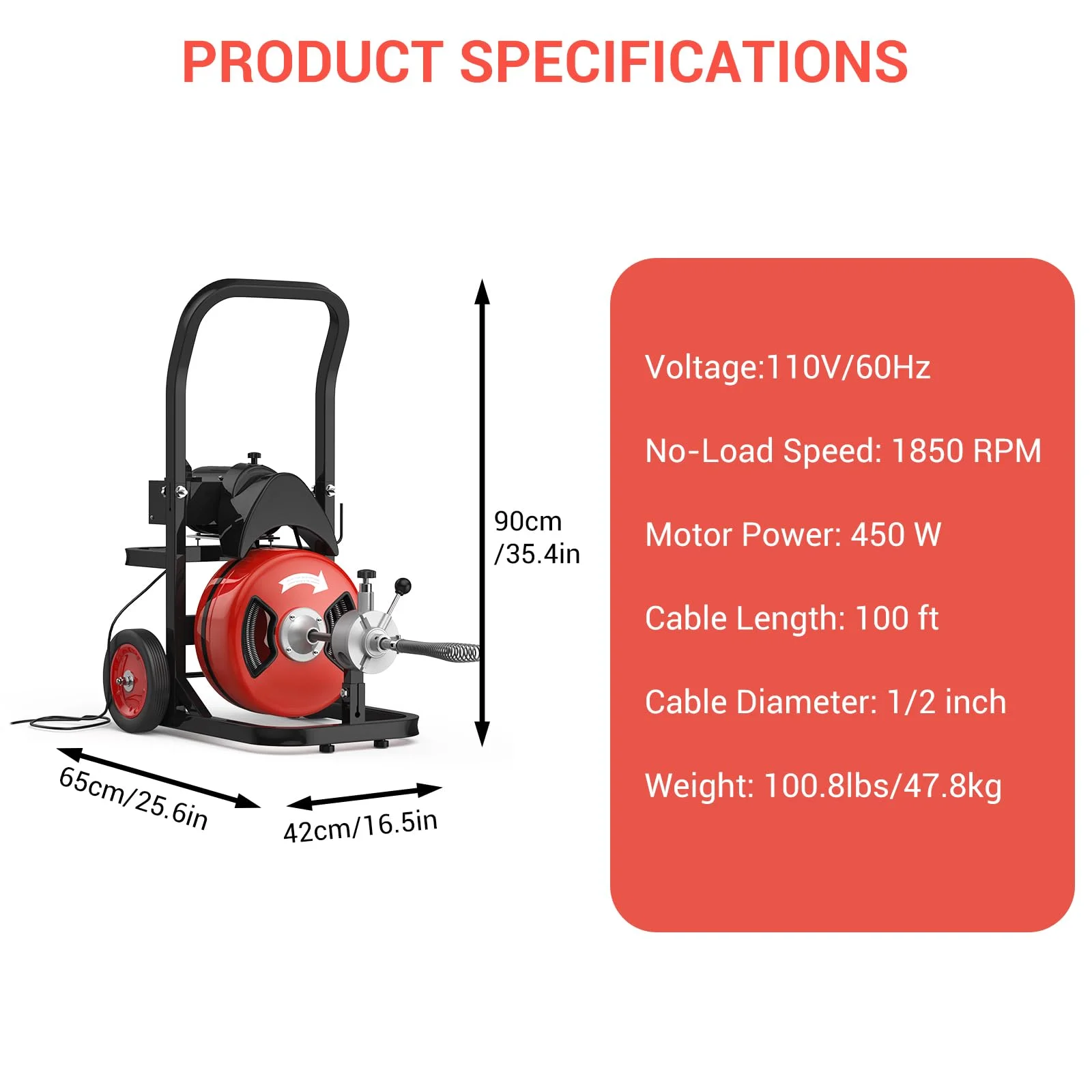 Ataucjin Drain Cleaner Machine,100Ft Drain Cleaning Machine,450W Auto Feed Sewer Snake Auger,Portable Electric Drain Auger Cleaner With 4 Cutter Air-Activated Foot Switch For 2" To 4" Pipes