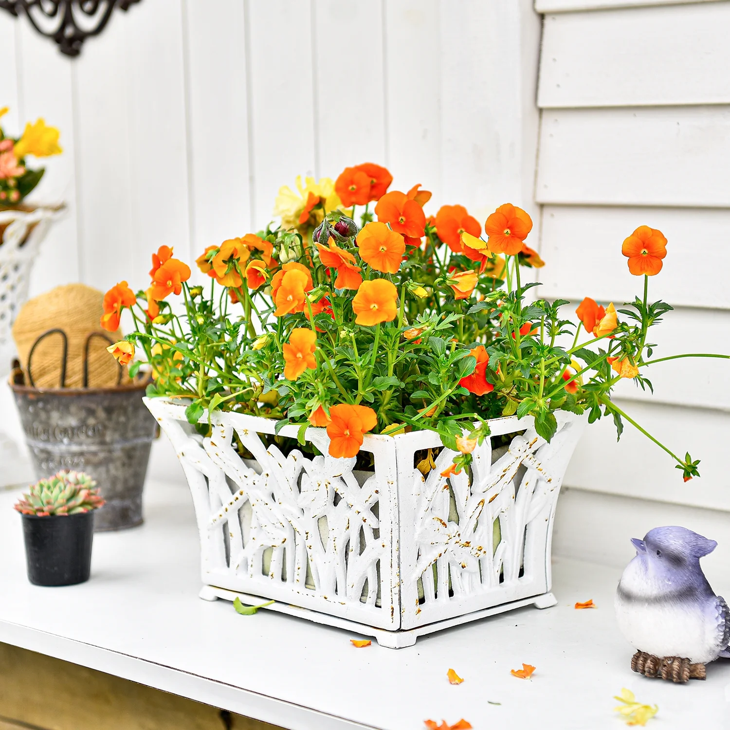 Sungmor Heavy Duty Cast Iron Urn Planter, Beautiful Hollow Trophy Design Tall Orchid Flower Pot, Large Decorative Plastic Flowers Plants Bouquets Vase, Rustic French Country Pot for Home or Garden