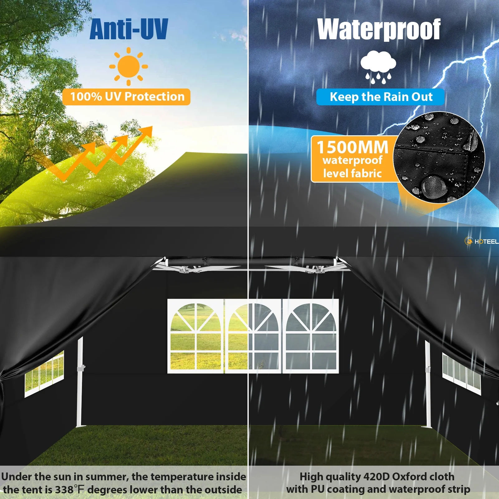HOTEEL 10x15 Heavy Duty Canopy Tent - Commercial Pop Up with UV50+, Thick Hexagonal Frame, 4 Sidewalls, Anti-Pooling Design & Roller Bag (Black)