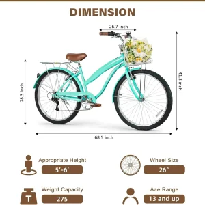 WEIZE Beach Cruiser Bike 26 inch Commuter Bicycle for Adult Men and Women 7-Speed/High-Carbon