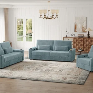 87-Large Loveseat Sofa, 3 Seater Couch with Storage, Velvet Fabric Deep Seat Sofa with Pillow& Cup Holders, Modern Comfy Sofa with USB& Type-C Ports, Home Sofa Couch for Living Room Bedroom