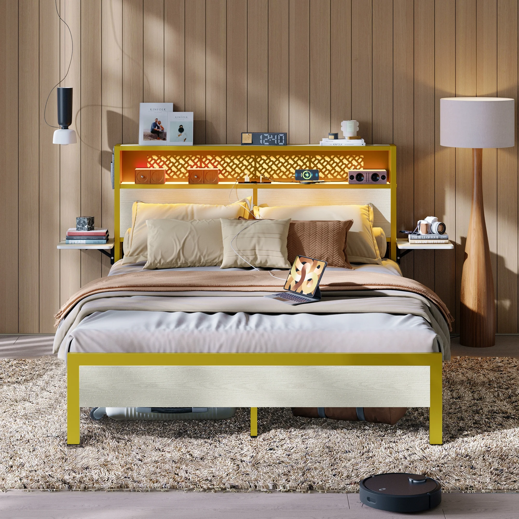 Bestier Queen Size Platform Bed Frame with Wood Foldable Bedside Shelves and LED Storage Headboard Charge Station, Gray