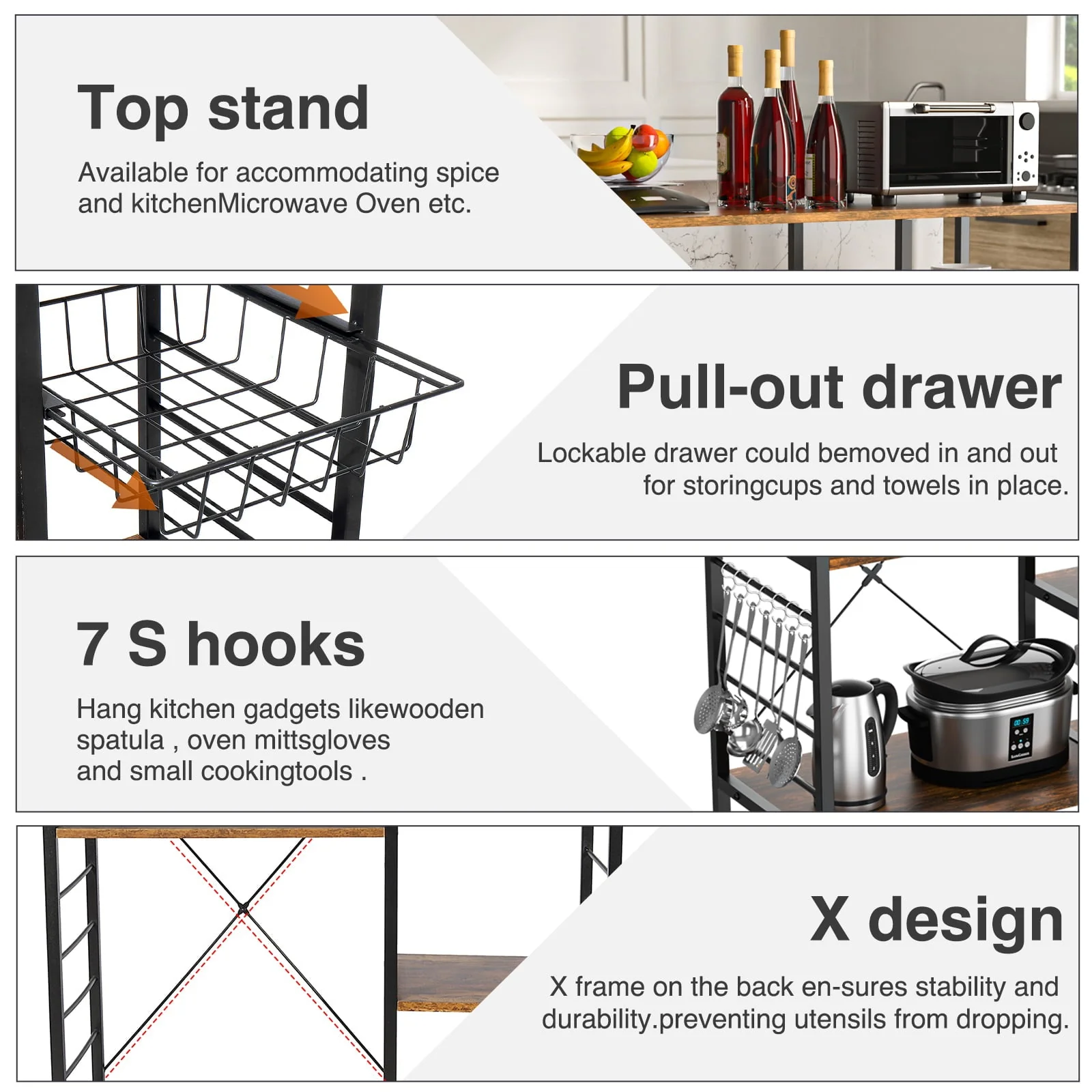 Dinaza Kitchen Bakers Rack Coffee Bar Microwave Oven Stand with Wire Basket & 6 Side Hooks Kitchen Organizer Shelf for Spices Utensils Foods Rustic Brown