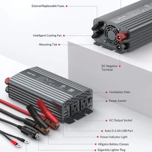 BESTEK 500W Pure Sine Wave Power Inverter DC 12V to 110V AC Car Plug Inverter Adapter Power Converter with 4.2A Dual USB Charging Ports and 2 AC Outlets Car Charger, ETL Listed, Grey