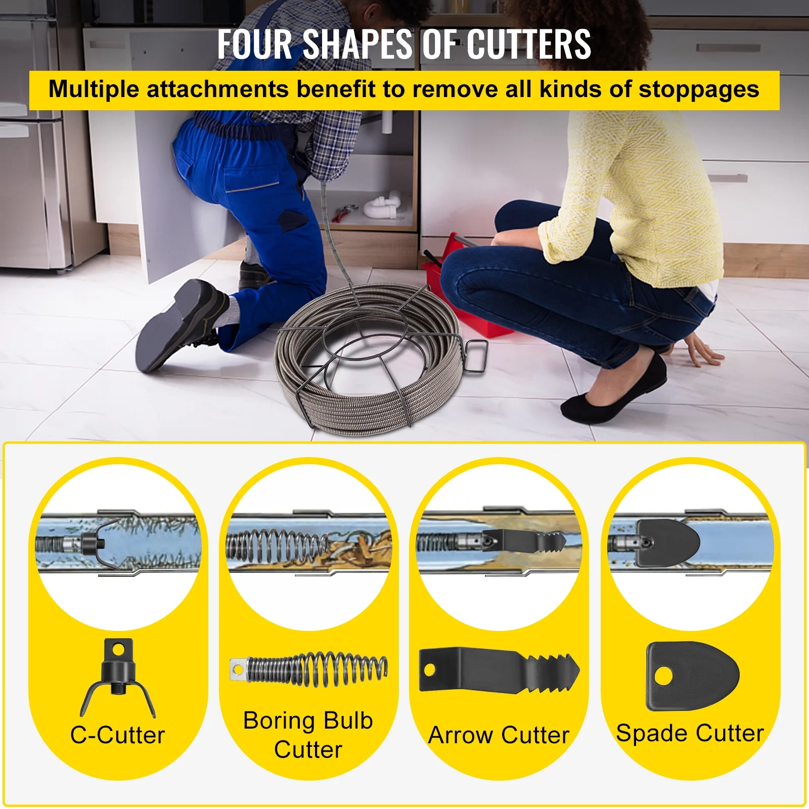 KFFKFF 100 Ft x 1/2 In Solid Core Sewer Line Cleaning Cable, Efficient Pipe Auger Snake for Clog Removal