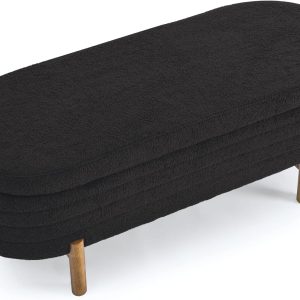 Furniliving Modern Storage Ottoman Bench, Sherpa Ottoman End of Bed Bench with Solid Wood Legs Upholstered Ottoman Benches with Storage Indoor Bench for Living Room with Rolled Arm, Entryway, White