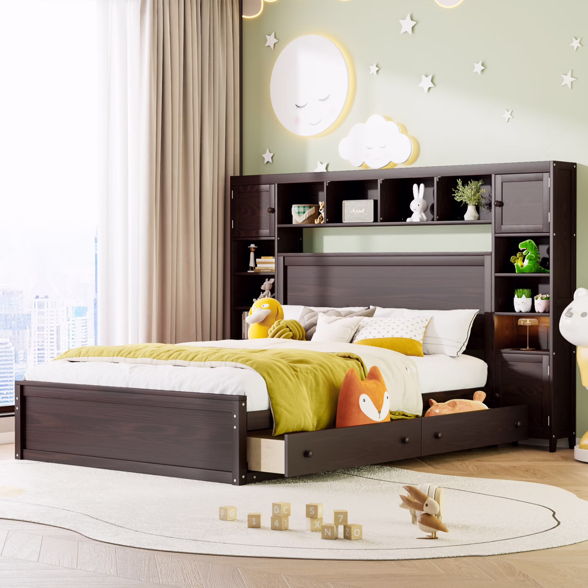 Queen Size Bed Frame with Headboard Storage and Outlet, Modern Solid Wood Storage Bed with 4 Underbed Drawers, Durable and Noiseless,Espresso