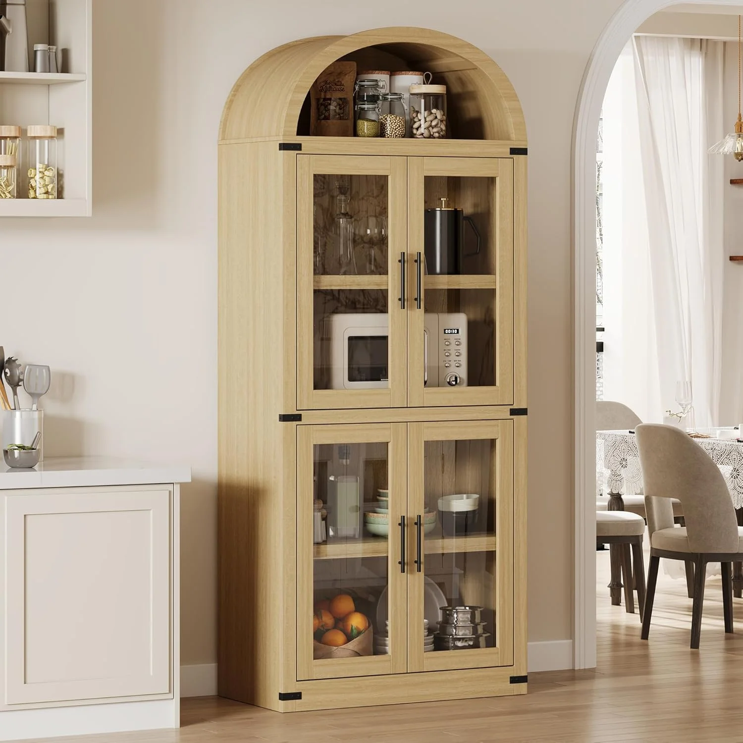 AOILE 72" Tall Arched Farmhouse Bookcase with Doors, Wooden Display Cabinet with Storage Shelves
