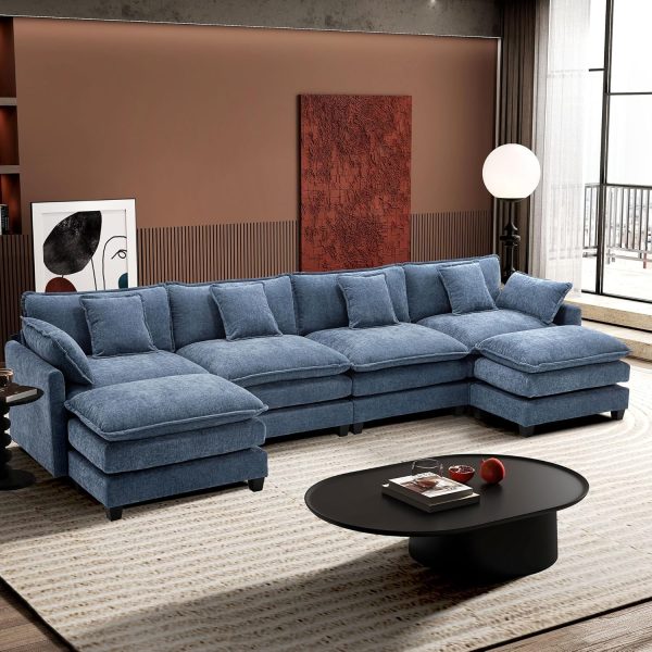 Ihanherry 146" U-Shaped Modern Sofa Modular Sectional Cloud Couch with 2 Ottoman, 6-Seat Chenille Deep Seat Sofa with 6 Pillows for Living Room, Bedroom and Apartment, Grey