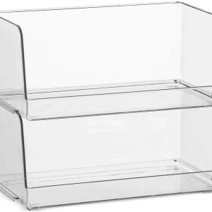 Set Of 4 Clear Pantry Organizer Bins Stackable Household Plastic Food Storage Basket with Wide Open Front for Kitchen, Countertops, Cabinets, Refrigerator, Freezer, Bedrooms, Bathrooms - 12" Wide