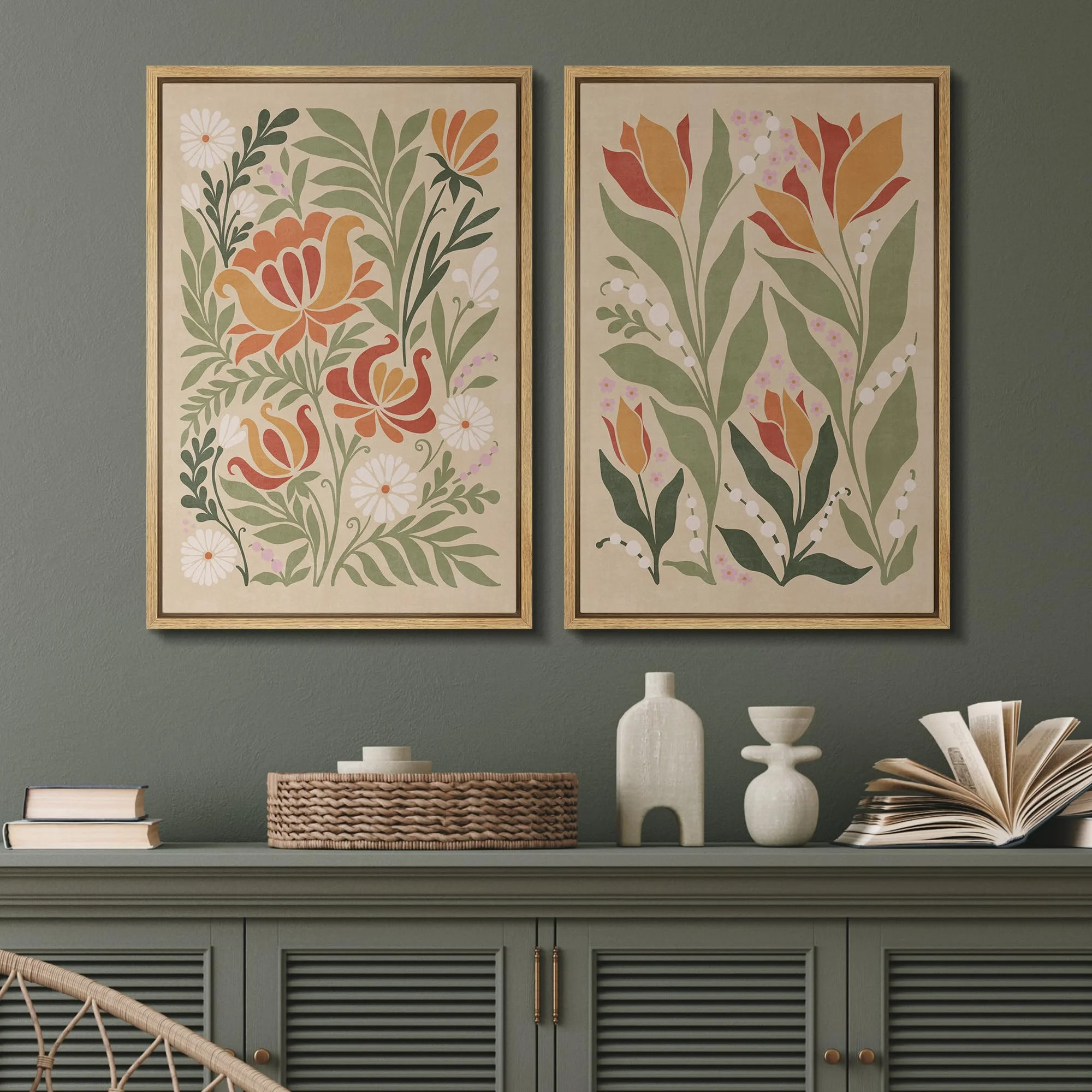 IDEA4WALL Framed Canvas Print Wall Art Set Vintage Floral Classic Botanical Illustration Abstract Garden Flowers Boho Art Modern Wall Decor Colorful Chic Artwork for Home Decor - Natural 24"x36"x2