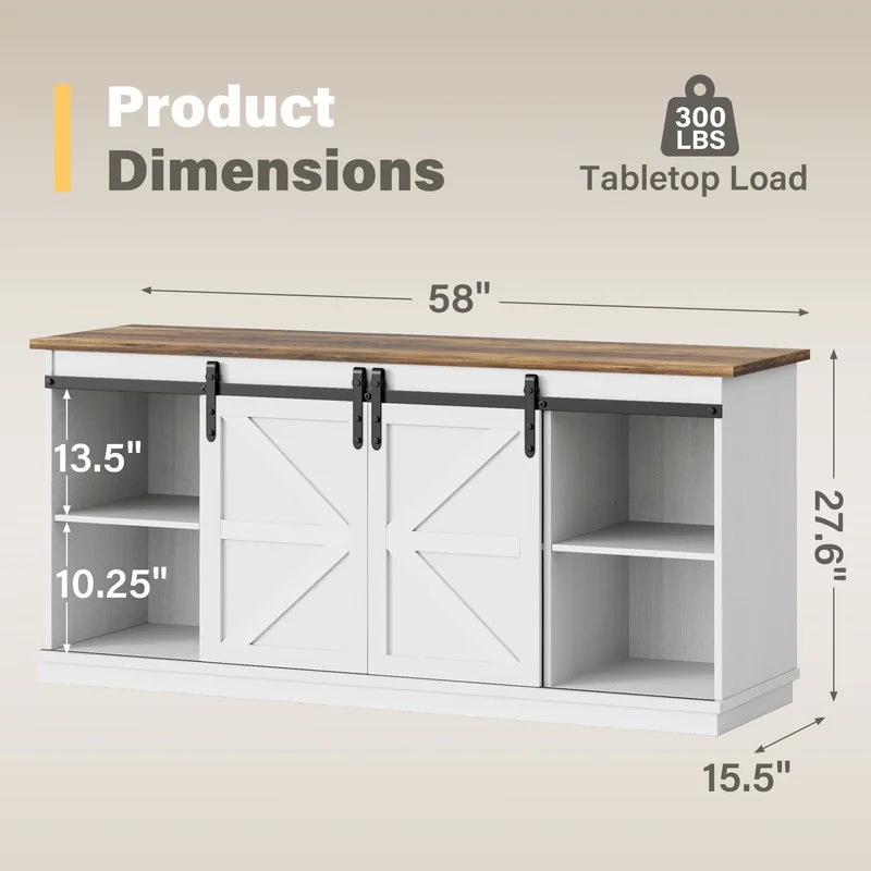 Furmax 65 inch TV Stand Entertainment Center with Sliding Barn Doors and Storage,White