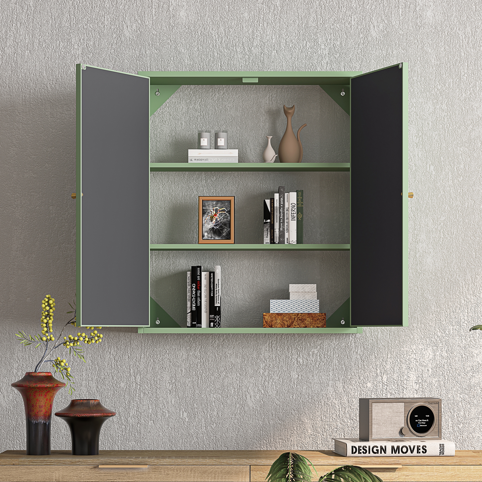 27.56"Modern Wall Cabinet with Glass Doors, Bathroom Cabinet with Featuring Three-tier Storage for Entryway Living Room, Bathroom or Dining Room, Mint Green