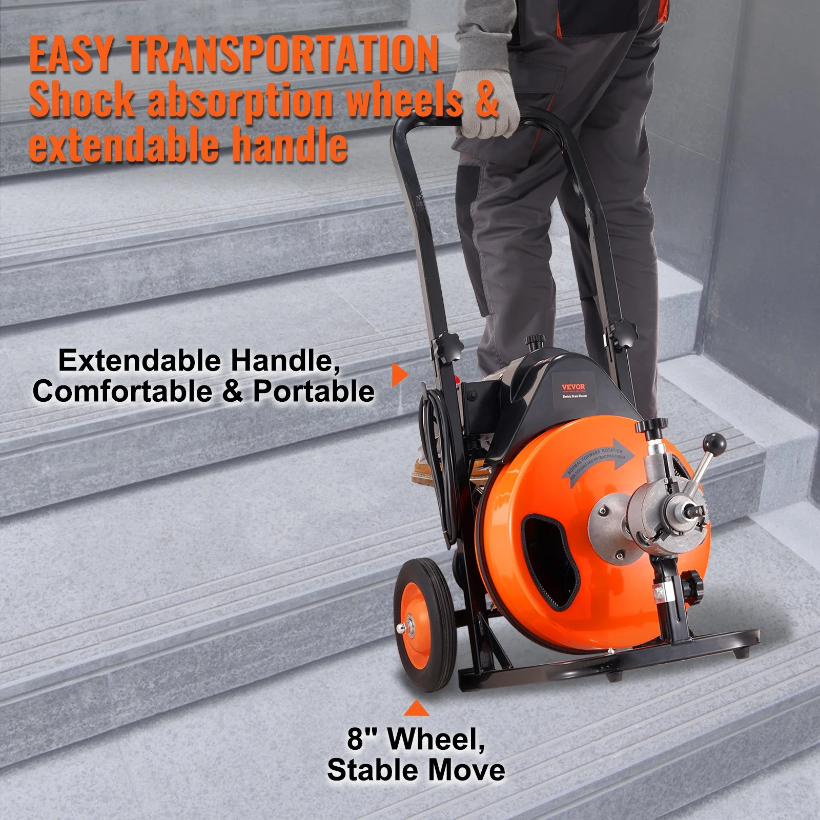 VEVOR Drain Cleaning Machine 50 FT x 1/2 Inch, Sewer Auger Auto Feed with 4 Cutter & Air-activated Foot Switch for 1" to 4" Pipes, Orange, Black