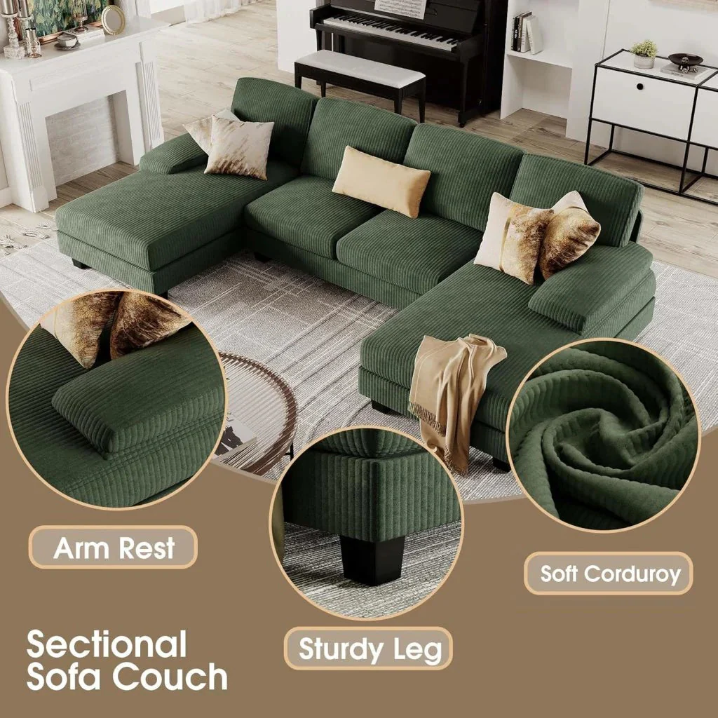 Furmax Sectional Couches for Living Room, U-Shaped Sofa Couch with Linen Fabric, 4 Seat Sofa Set with Double Chaise for Apartment (Fabric, Grey)