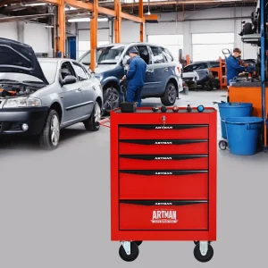 Tool Cabinets 4 Drawers Multifunctional Tool Cart with Wheels,Metal Rolling Tool Cart Storage for Garage Workshop Warehouse Repair Shop--With Stainless Steel Roof- Red&Black,Garage Tool Cabinets