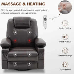 Oversized Swivel Rocker Recliner Chair with Heat and Massage, 360 Degree Swivel Rocking Single Sofa with Cup Holders and USB Port, Large Big Recliner Chair for Living Room (Leather, Brown)
