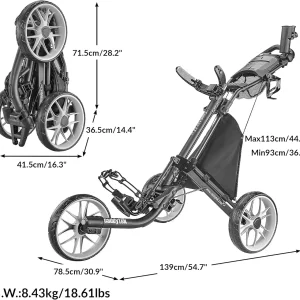 3Wheel Golf Push Cart - Golf Trolley Foldable Collapsible Lightweight Pushcart with Foot Brake - Easy to Open & Close