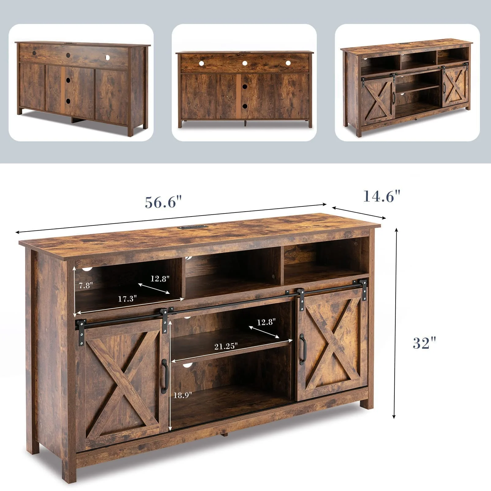 4 Layer Farmhouse Coffee Bar Cabinet With Power Outlet & LED Light, 57" Barn Door Buffet Cabinet Kitchen Storage With Adjustable Shelves(Brown)