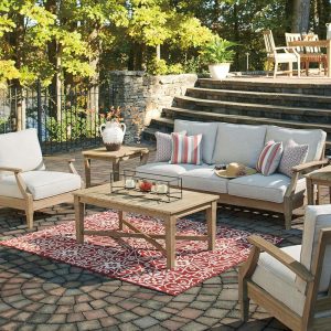 Signature Design by Ashley Clare View Coastal Outdoor Patio Eucalyptus Sofa with Cushions, Beige