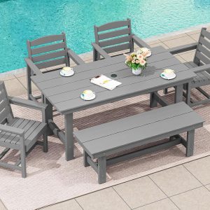 SERWALL 7-Piece Patio Table Set, Outdoor HDPE Dining Furniture with Umbrella Hole, All Weather Table and Chairs for Lawn, Garden, Poolside, Aruba