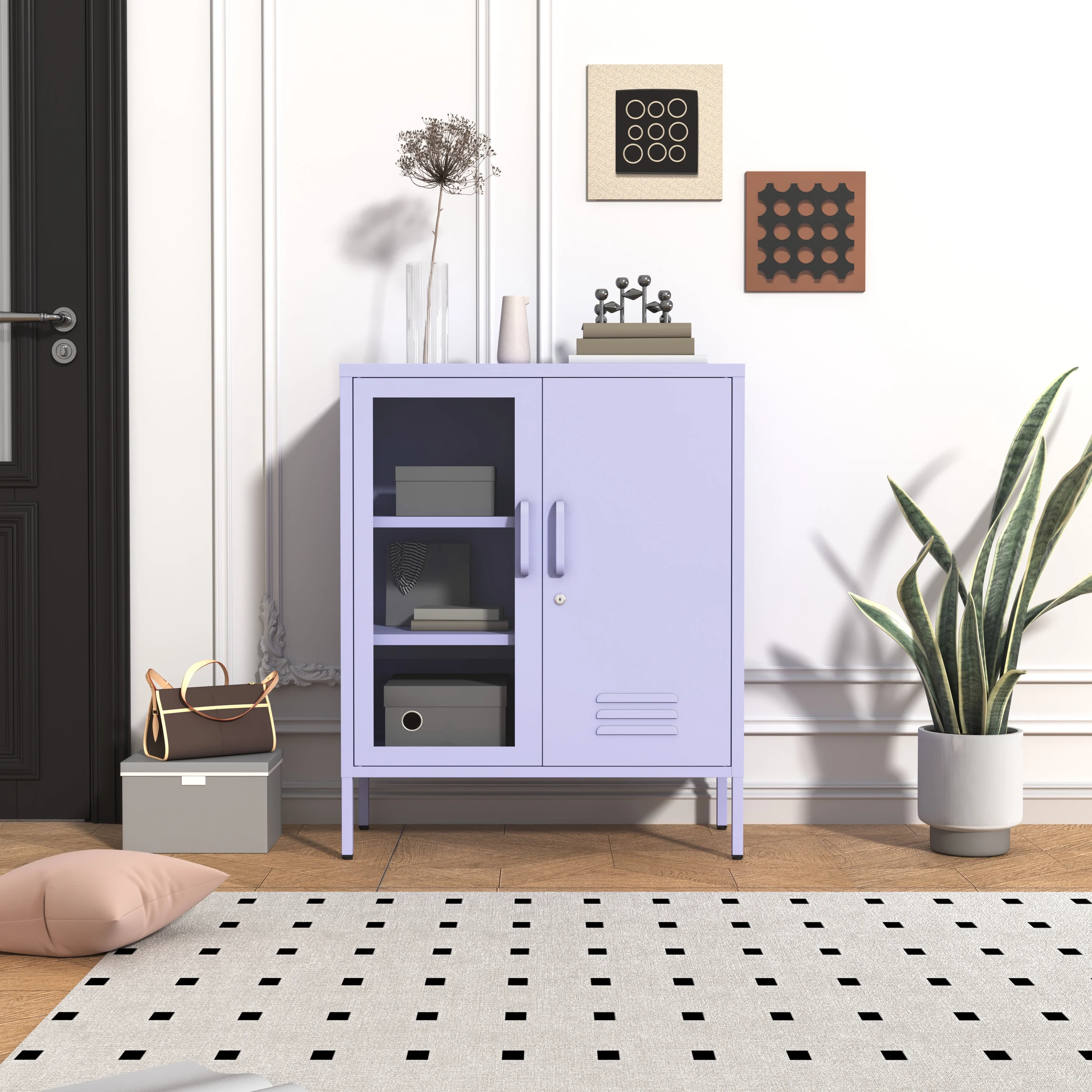 33 Inch Glass And Metal Storage Cabinet Adjustable Shelves 2 Door Lockable Lockers 3 Layer Multipurpose Lockers Laundry Room Or Utility Room Cabinet Home Purple Size- 33"H X 29.5"W X 13.8"D