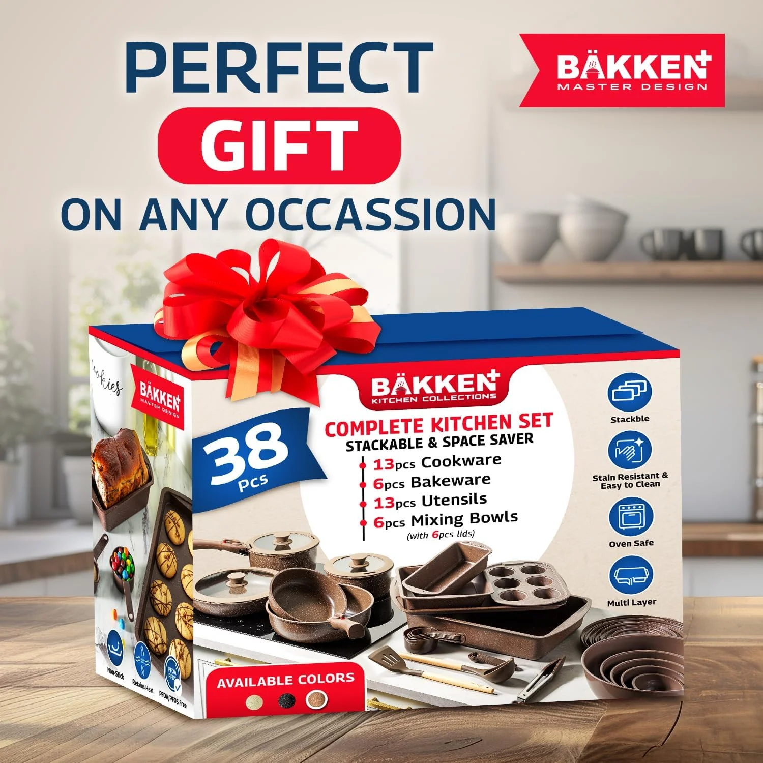 Bakken Master 38 Piece Granite Cookware and Bakeware Set -C Nonstick Granite Coating, Pots and Pans with Detachable Handles and Tempered Glass Lids, 6-piece Bakeware set, 12-piece Mixing Bowls,Brown
