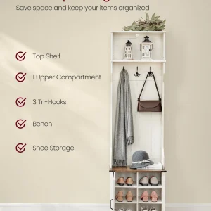 Farmhouse-Inspired Entryway Organizer, Triple Hooks & Built-In Shoe Bench, Hall Tree Entryway Bench for Mudroom & Foyer, Space-Saving Coat Rack with Storage Cabinet, Rustic White and Honey Brown