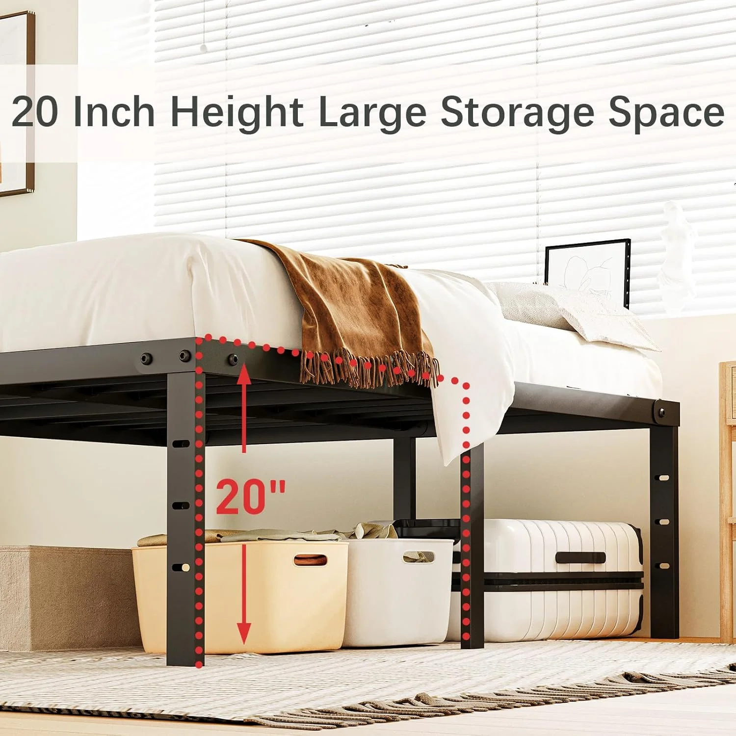 20 Inch King Bed Frame No Box Spring Needed, Heavy Duty Tall Metal Platform with Large Storage Space, Easy Assembly Strong Bearing Capacity, Noise Free