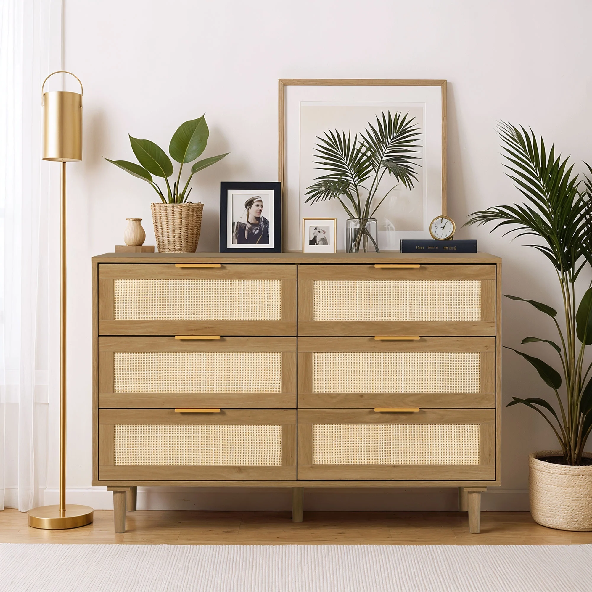 LAZZO 3 Modern Drawer Dresser Rattan, Wooden Dresser Chest of Large Storage Cabinet