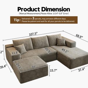 107.5" Cloud Modular Sectional Sofa Couch with L-Shape Chaise,Modern Minimalist Upholstered Couches for Living Room Bedroom,Deep Seat Corner Couch .No Assembly Required (Black,Left Facing Chaise)