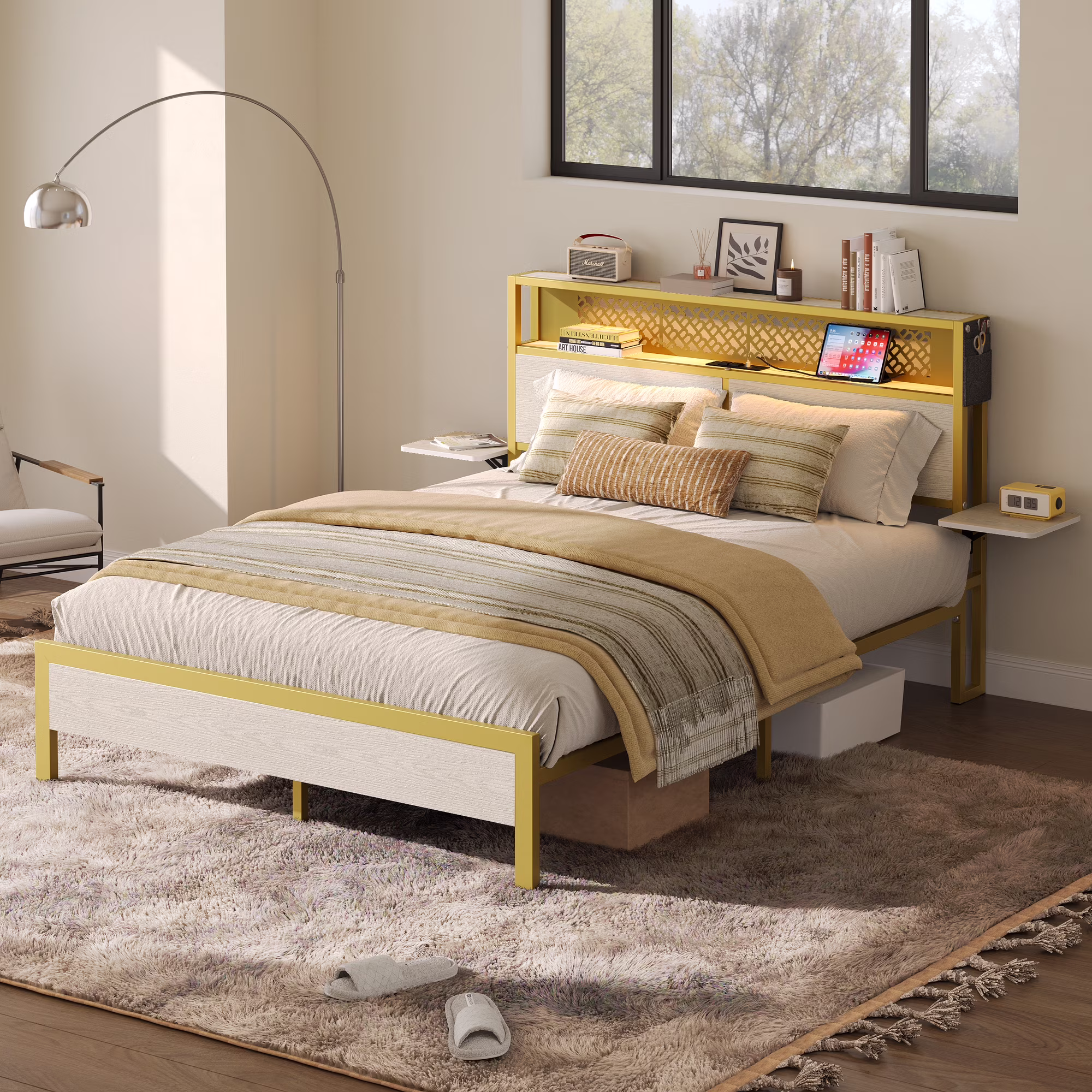 Bestier Queen Size Platform Bed Frame with Wood Foldable Bedside Shelves and LED Storage Headboard Charge Station, Gray