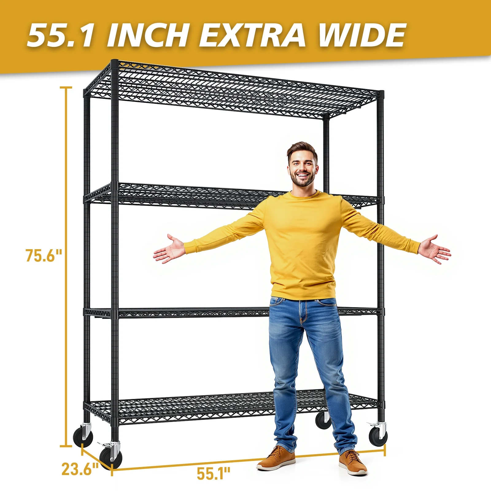 Ktaxon 4 Tier Wire Shelving with Wheels, 46"W x 17.7"D x 65"H Multifunctional Storage Rack Metal Garage Shelves Organizer, Capacity for 800lbs, Black