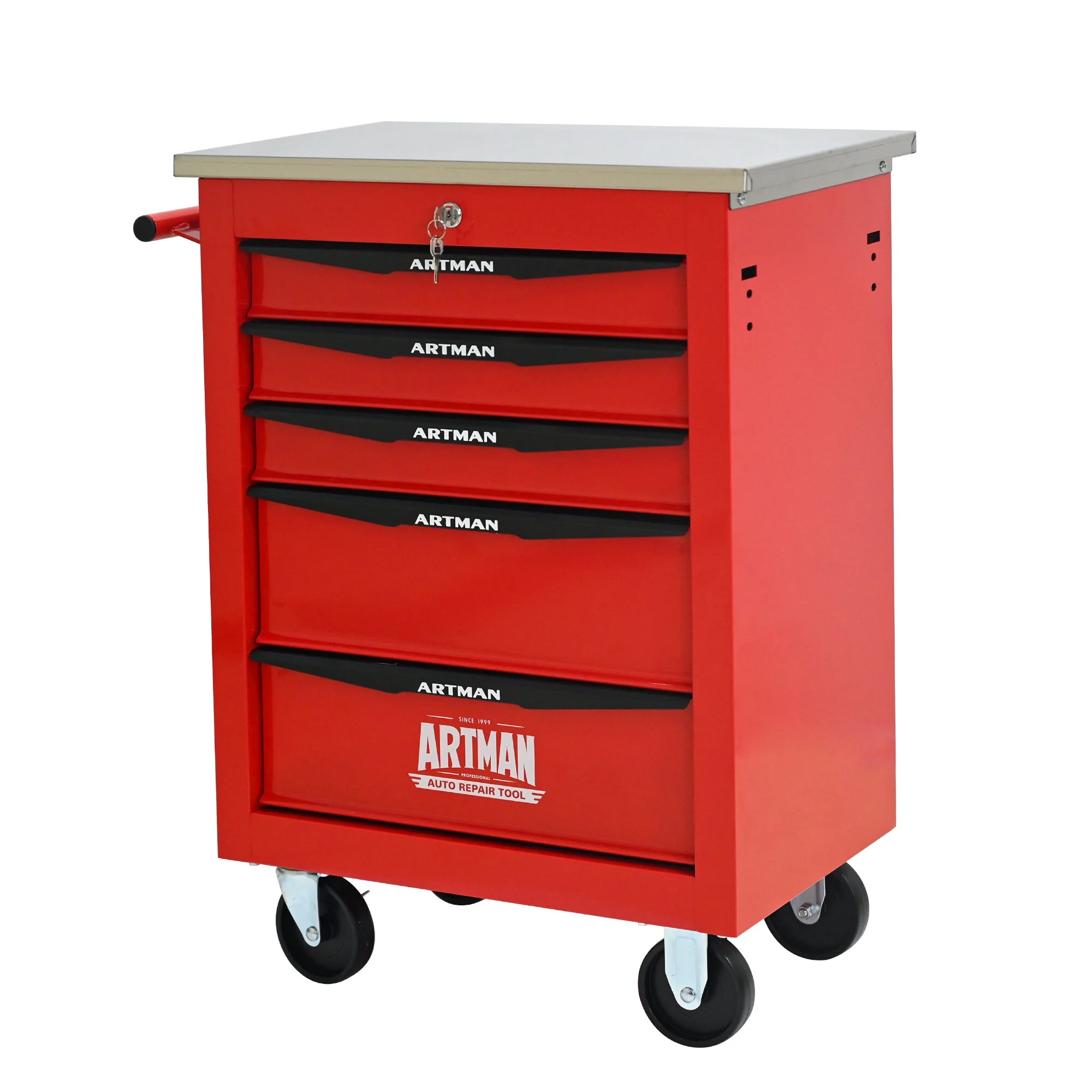 Tool Cabinets 4 Drawers Multifunctional Tool Cart with Wheels,Metal Rolling Tool Cart Storage for Garage Workshop Warehouse Repair Shop--With Stainless Steel Roof- Red&Black,Garage Tool Cabinets