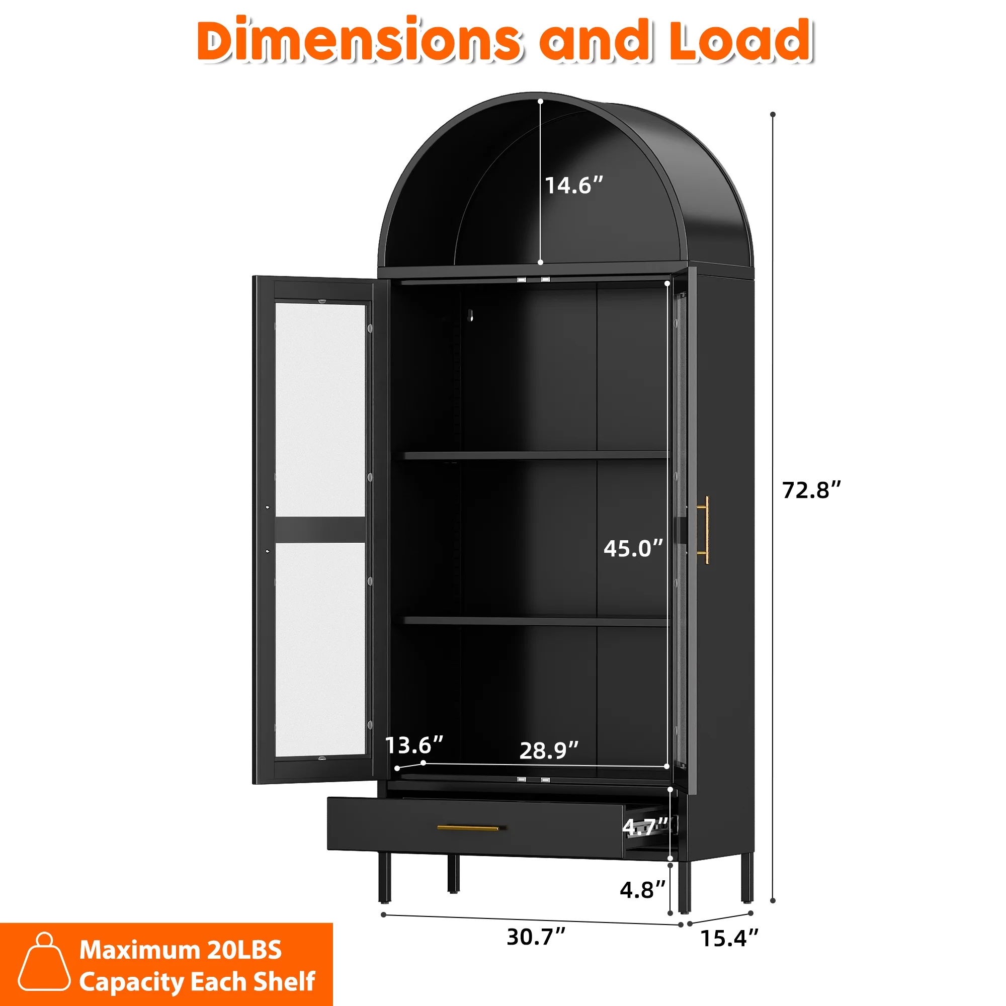 SUXXAN Metal Arched Storage Display Lockable Cabinets with Glass Doors and Adjustable Shelves, Assembly Required, Black