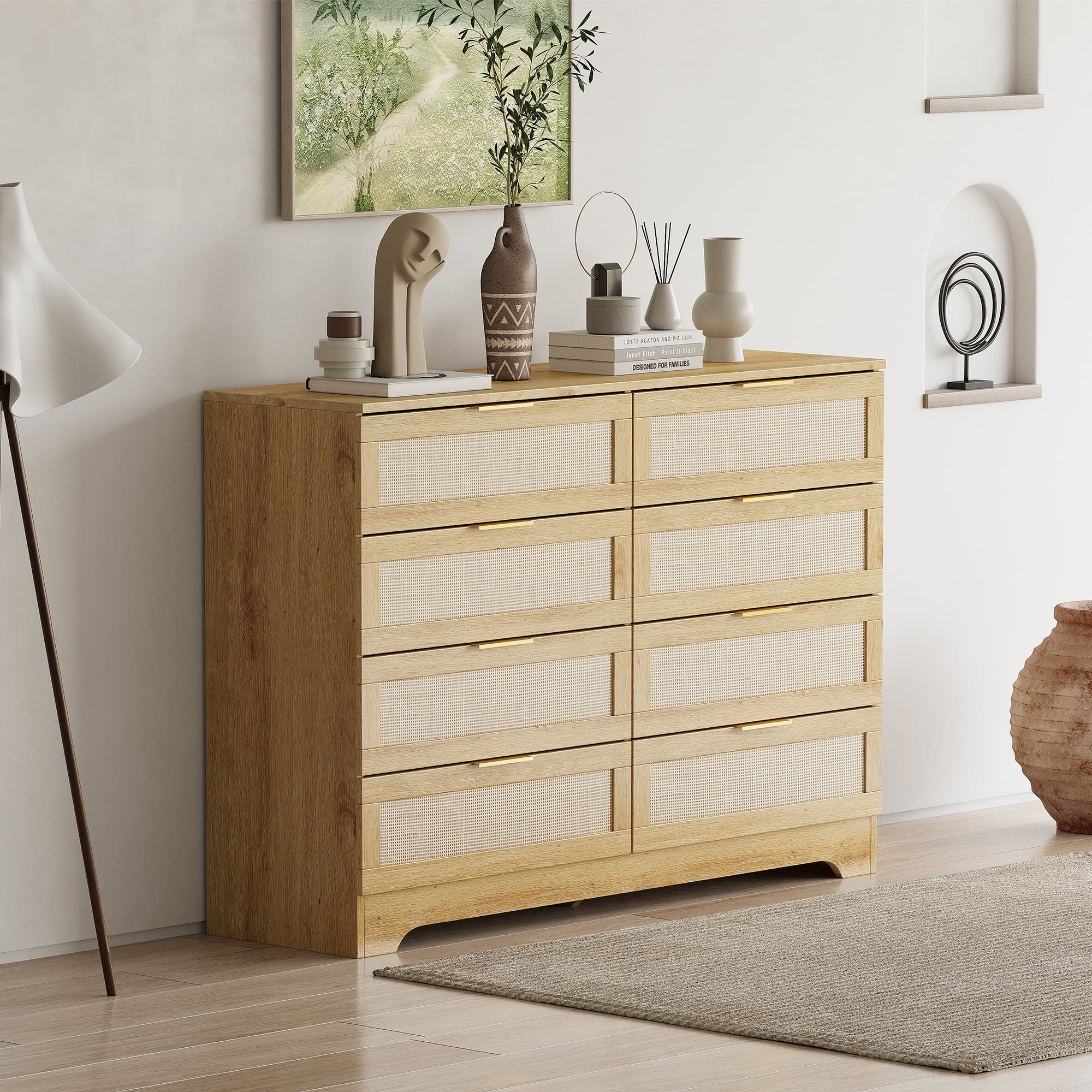 LAZZO 3 Modern Drawer Dresser Rattan, Wooden Dresser Chest of Large Storage Cabinet