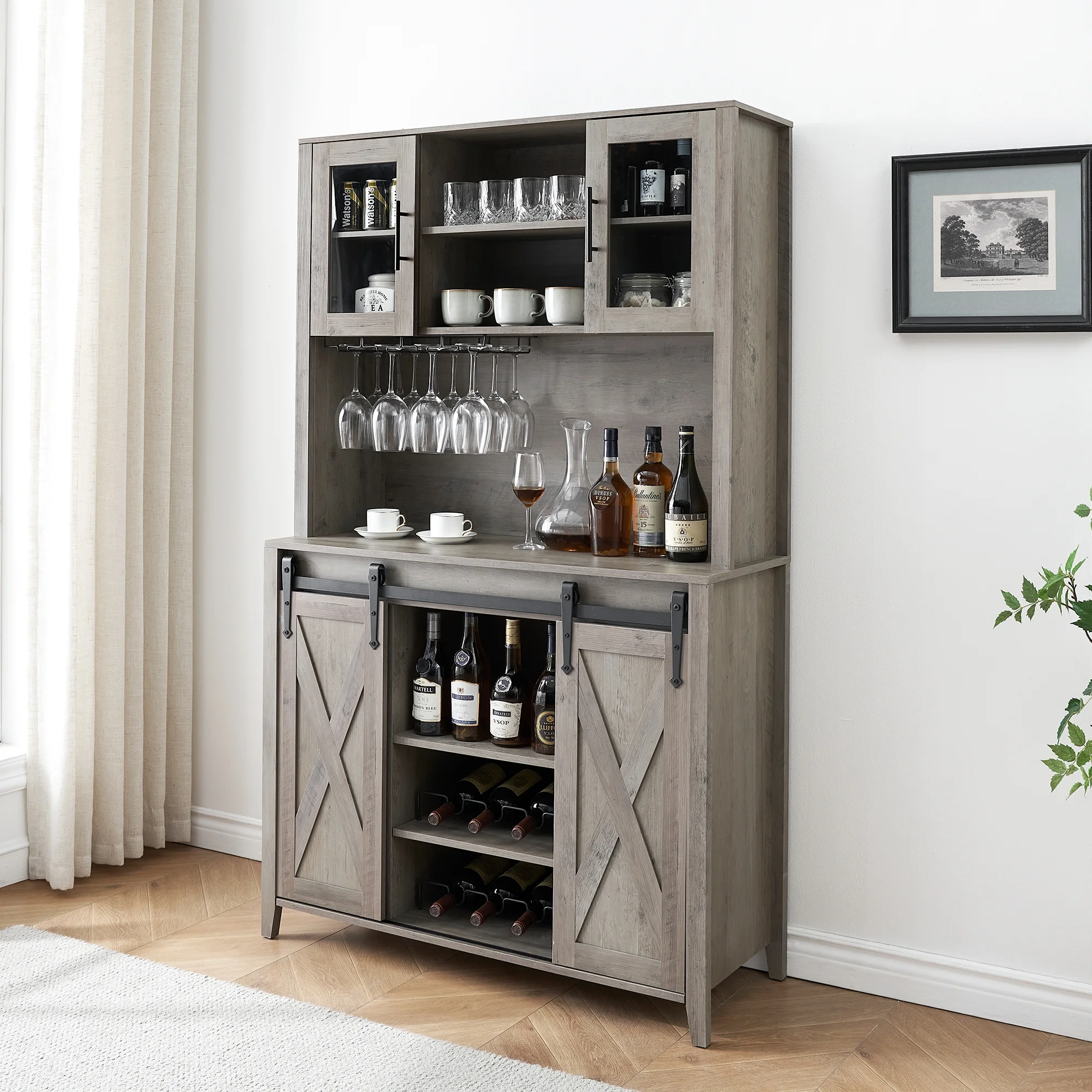 Farmhouse Bar Cabinet with Storage, Kitchen Buffet Cabinet with Sliding Barn Door and 3 Drawers, Coffee Bar with Wine and Glass Rack for Kitchen, Dining Room, White