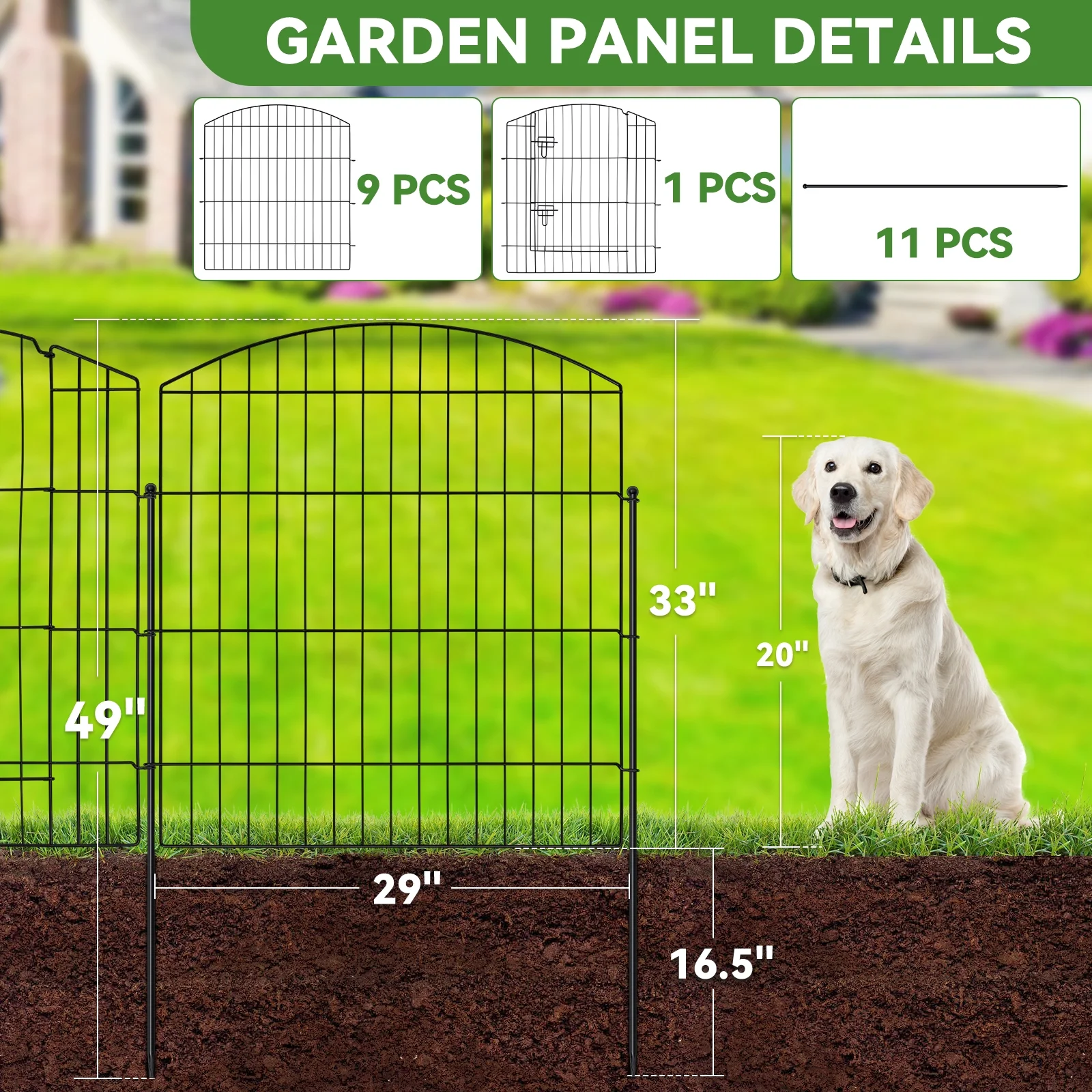 BSHAPPLUS® Garden Fence 10 Pack ,33in (H) x 24ft (L) Metal Fence,Rustproof Decorative Fence,Animal Wire Fence,Wrought Iron Fence, Outdoor Picket Fencing No-Dig for Yard, Lawn and Patio Borders