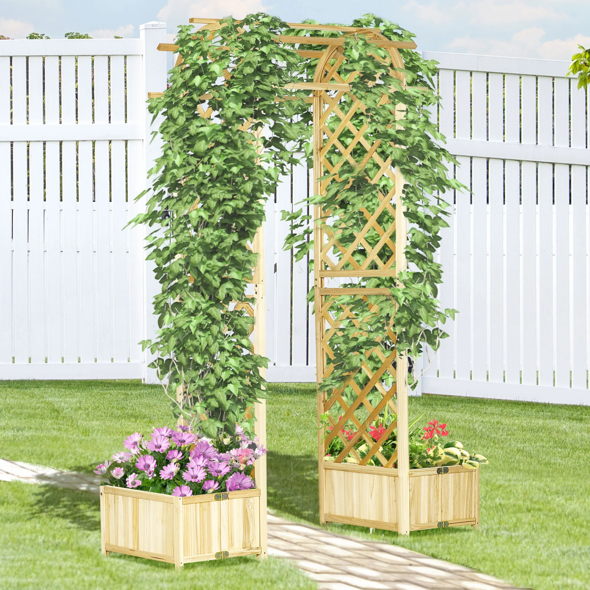 Outsunny Galvanized Raised Garden Bed,24" X 24" X 11.75" Outdoor Planter Box with Trellis Tomato Cage and Open Bottom for Climbing Vines,Vegetables,Flowers In Backyard,Garden,Patio,Cream,White Steel