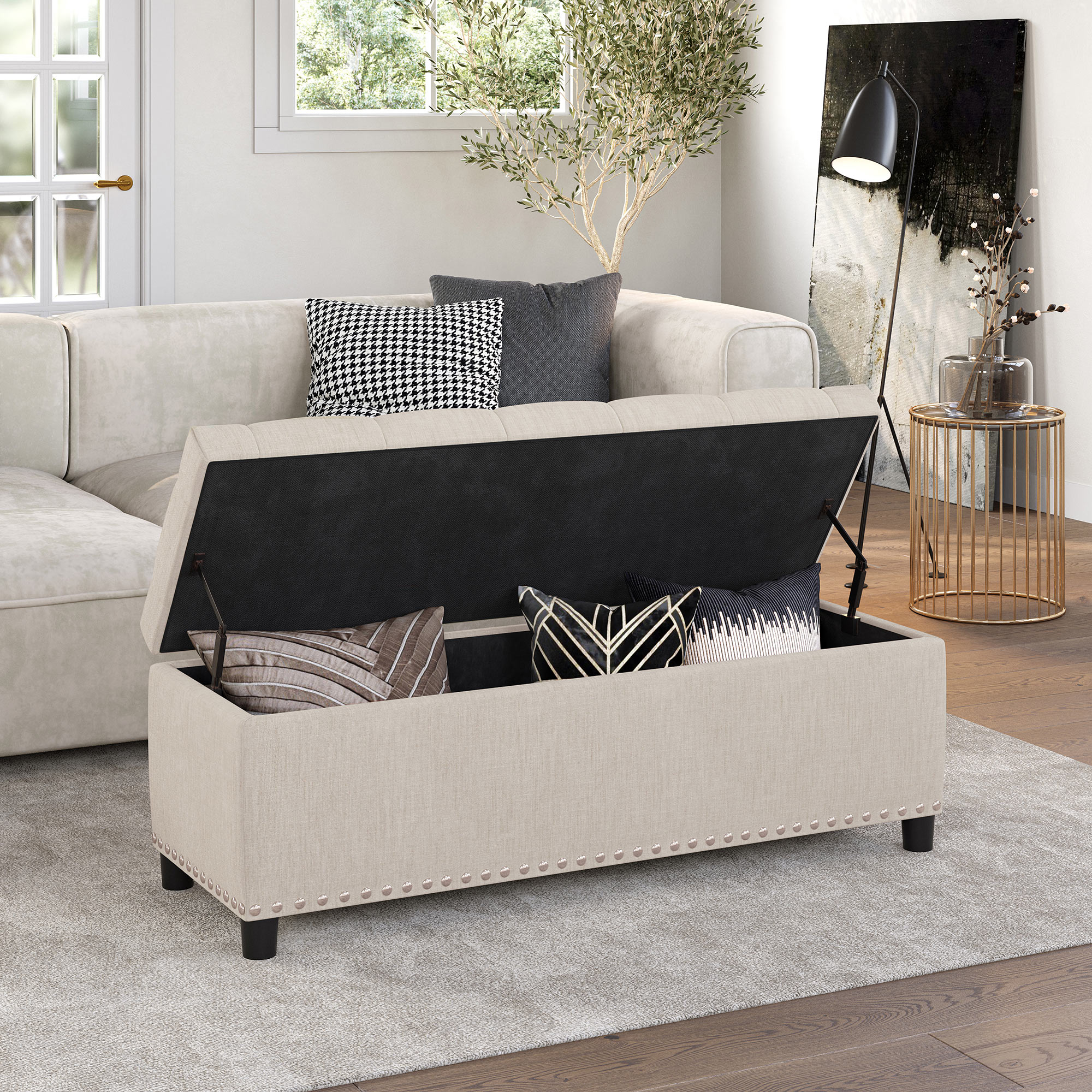BELLEZE 35 Inch Storage Ottoman, Button-Tufted Ottoman Linen Storage Bench with Safety Close Hinge, Ottoman with Storage for Living Room, Entryway, Hallway, Foot Rest, Support 300lbs - Dark Grey