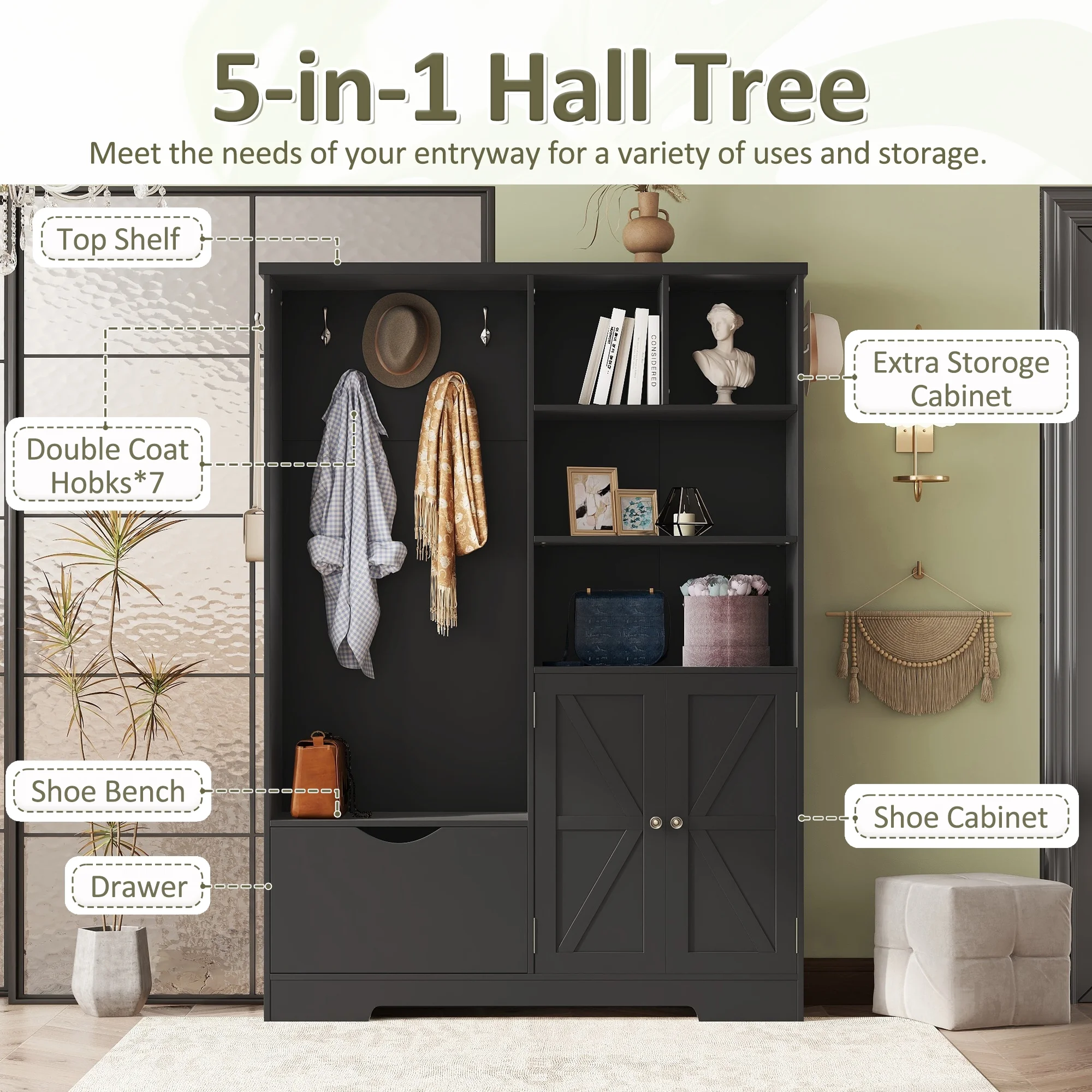 Bellemave 59"W Farmhouse Hall Tree with Storage Shelves and Shoes Rack Multi-functional Coat Rack with Hooks Entryway Shoes Storage Seating Bench Coat Hanger for Hallway (Black, With Shoes Rack)