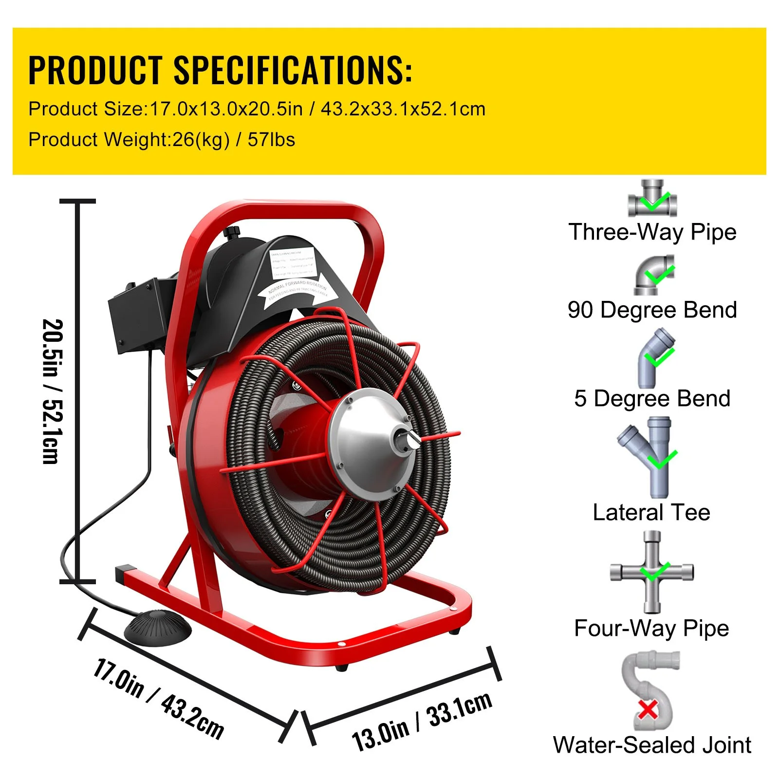 BENTISM Drain Cleaner 50'-100' Drain Cleaning Machine Snake Sewer Clean w/ Cutters[50ft x 3/8in Light(open type)]